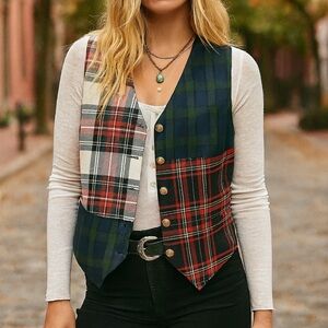 Vintage Patchwork Tartan Plaid Vest – Size Large – Made in USA